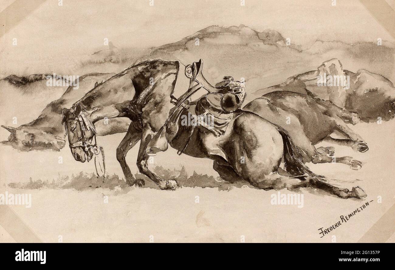 Author: Frederic Remington. The Last Horse Shot, the Thornburg Massacre - Frederic Remington American, 1861-1909. Brush and black wash and pen and Stock Photo