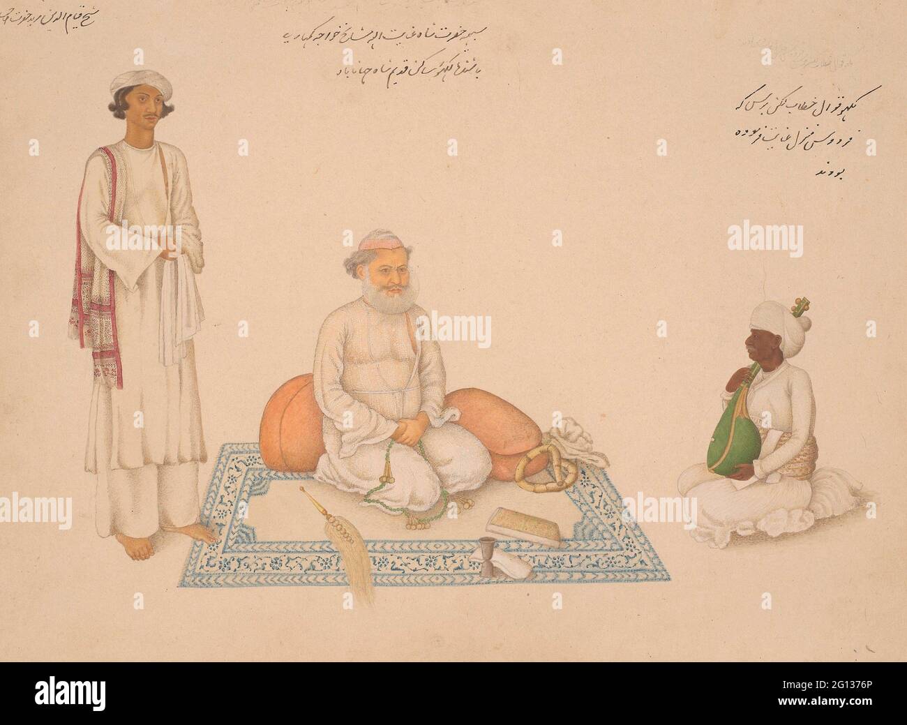 Shah Inayat Allah of Sind with his Musician Makkhu and his Attendant Shaykh Qiyam al-Din, page from the Fraser Album - Company School, c. 1820 - Stock Photo