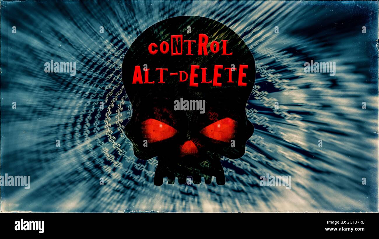 Control-Alt-Delete, Ctrl+Alt+Del, Keyboard shortcut, Binary background, Black Skull, Glowing red eyes Stock Photo