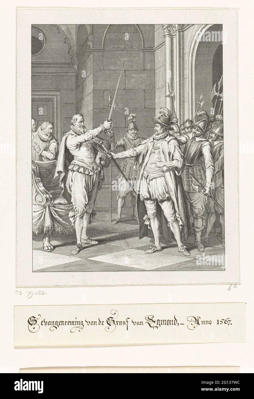 Egmond gives his degen to Alva, 1567; Prison of the Count of Egmond, Anno 1567; Scenes from the life of Prince Willem I, 1568-1584. In his arrest, the count of Egmond hands his sword to Alva, September 10, 1567. Second vocals. Stock Photo