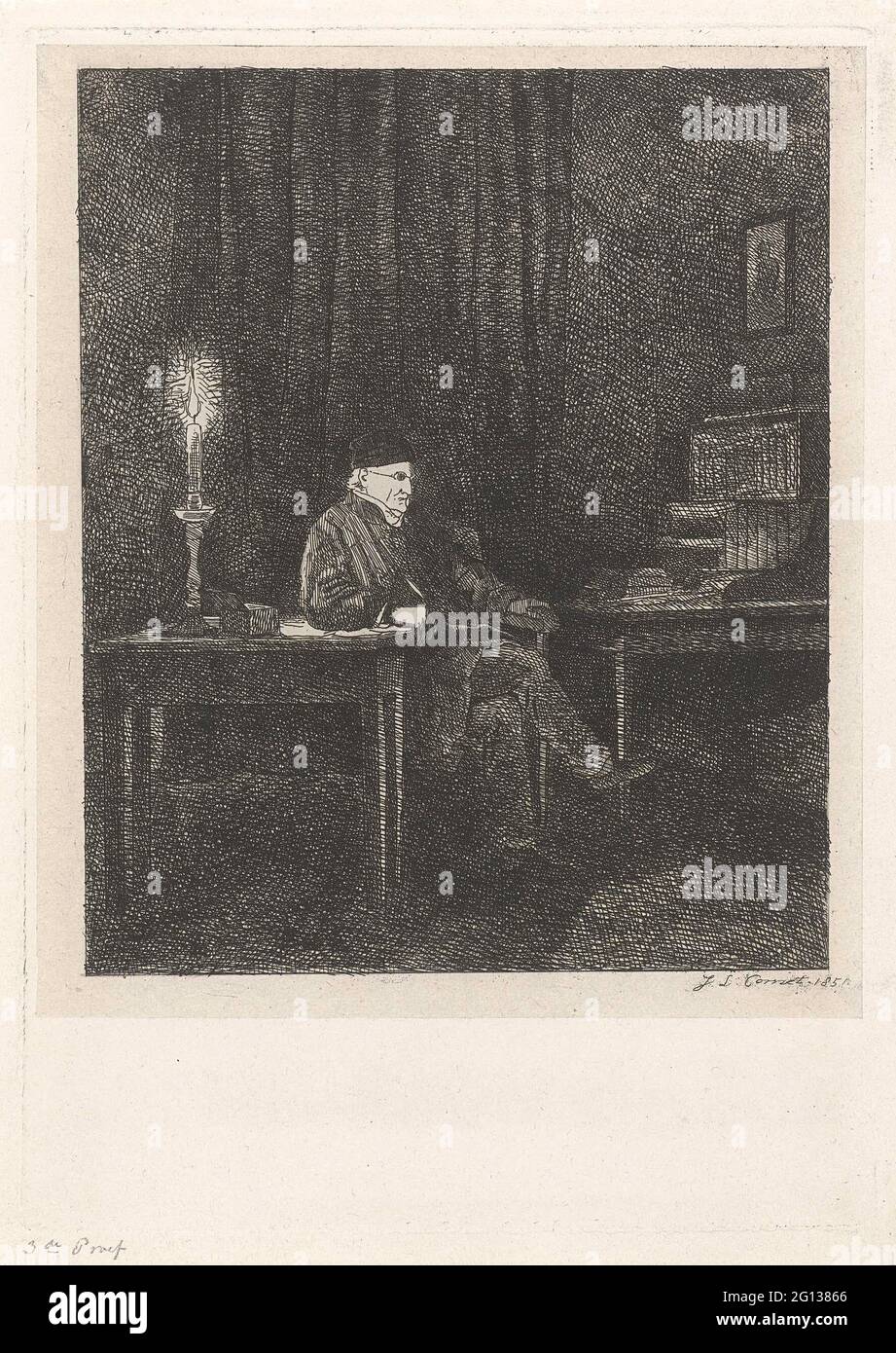 Portrait of humbert de superville. Portrait of David Pierre Giottino Humbert de Superville, an artist and art collector. Humbert de Superville is sitting at his desk. The room is only lit by a candle. Stock Photo