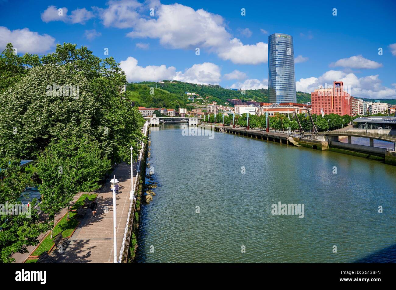 View of Nervion river and Iberdrola Tower at the background. Stock Photo