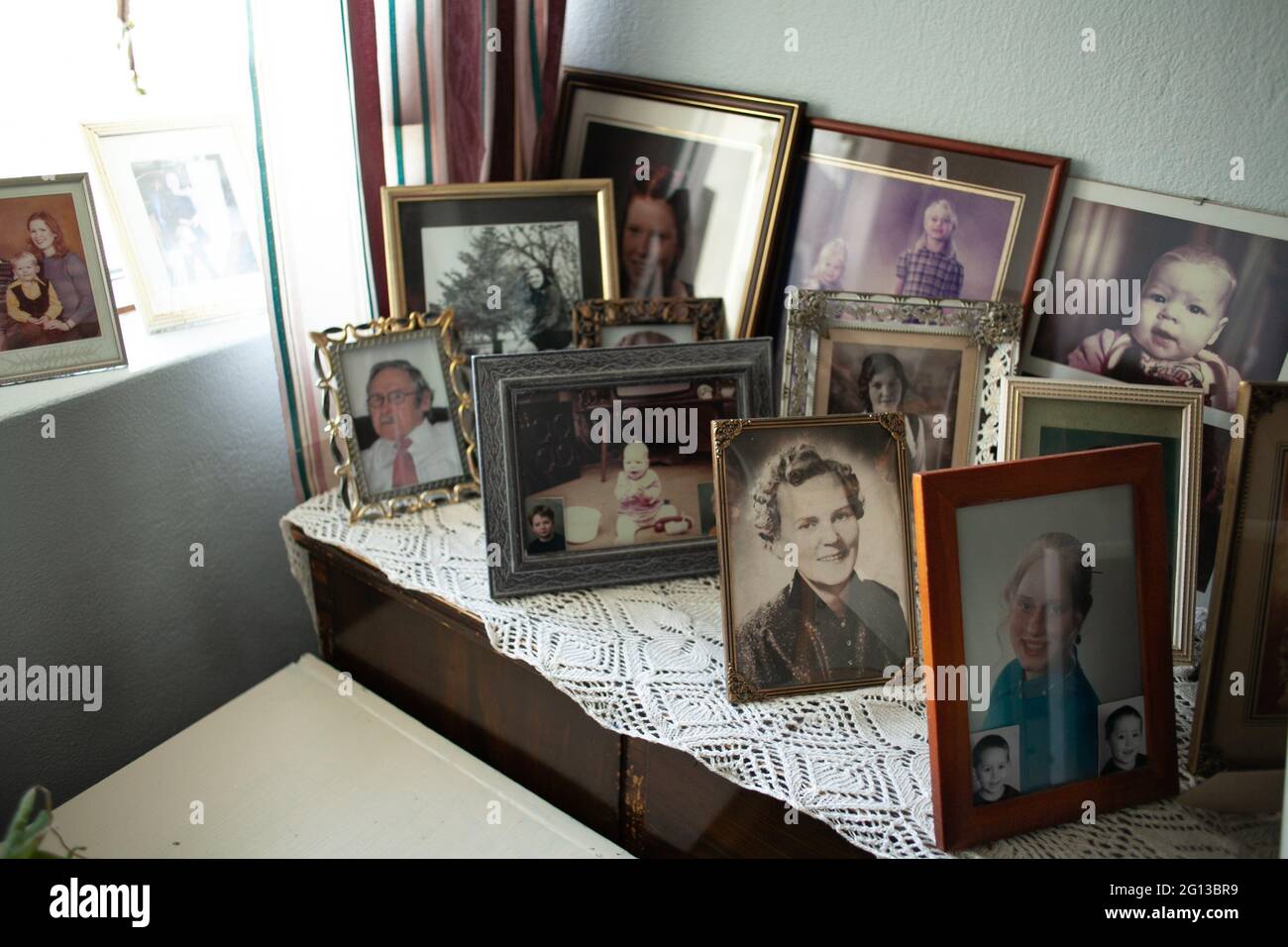 Photographs of relatives in a home in Iceland Stock Photo