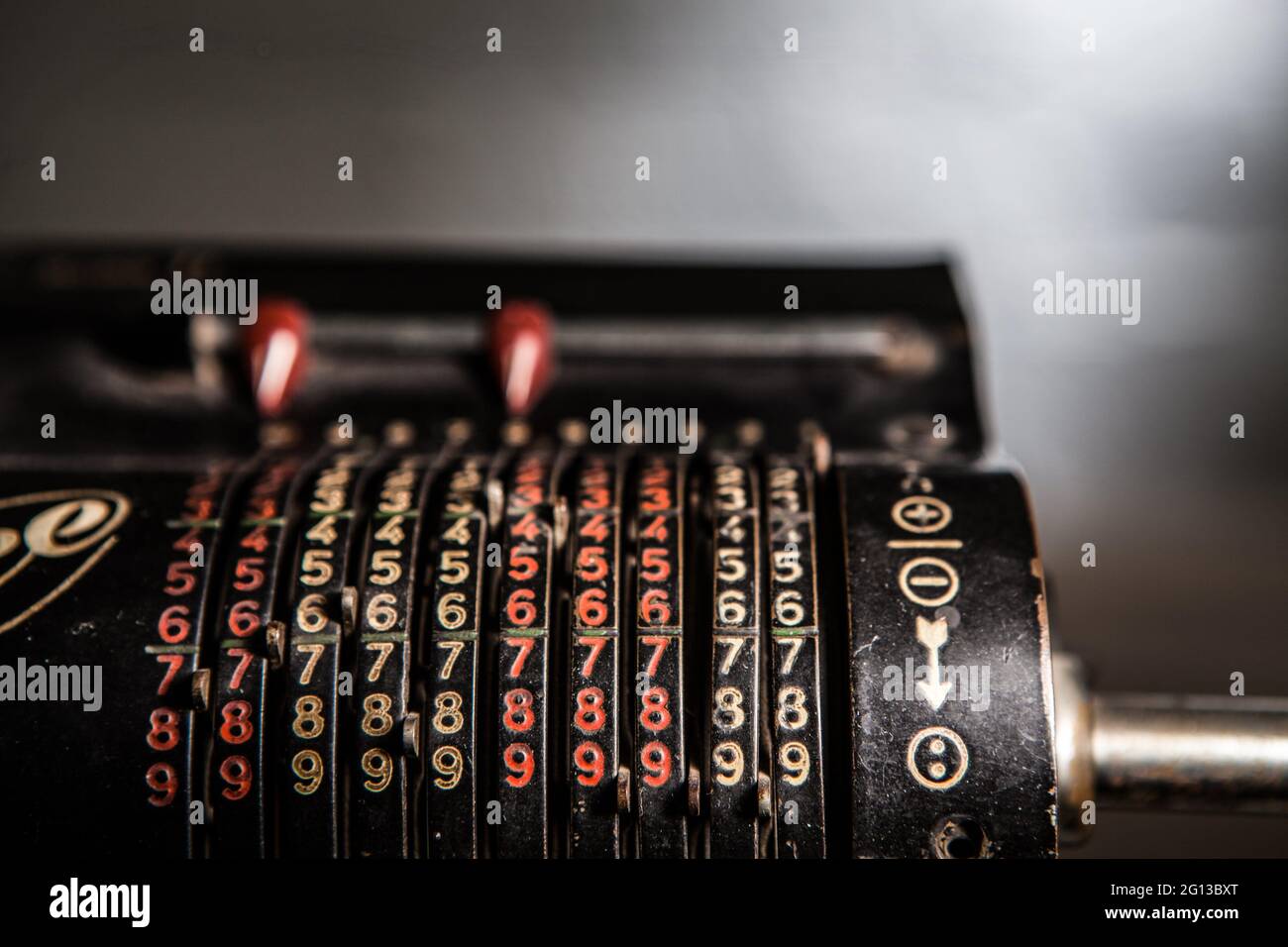 Old manually operated calculator. Detail of the numbers. Stock Photo