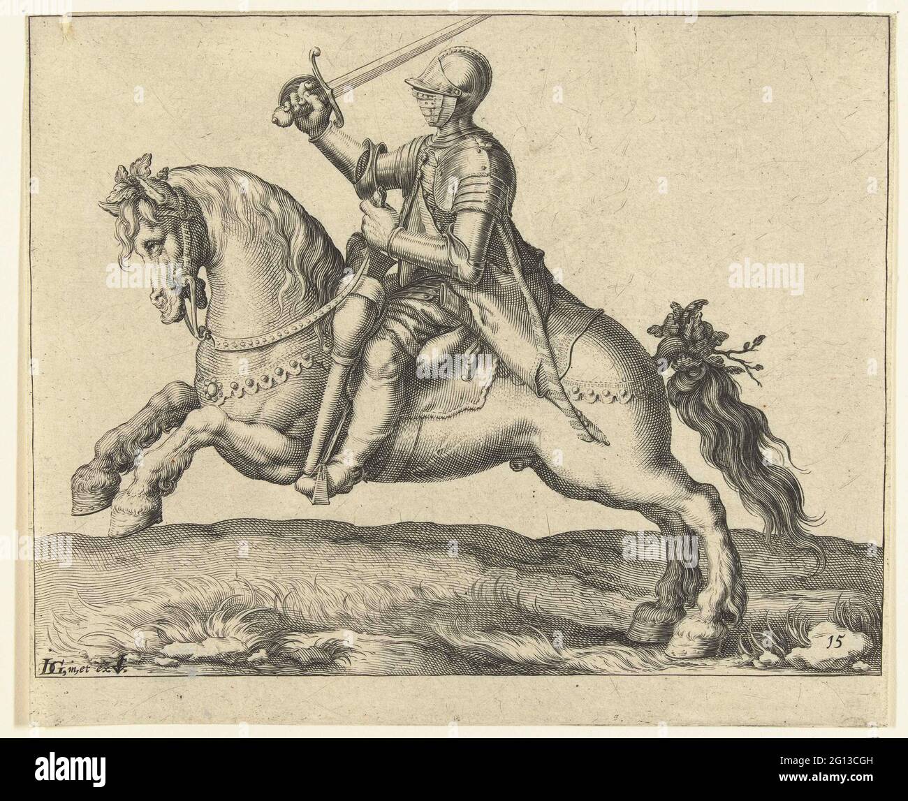 Rider with raised sword; The equestrian school. A hearted man on ...