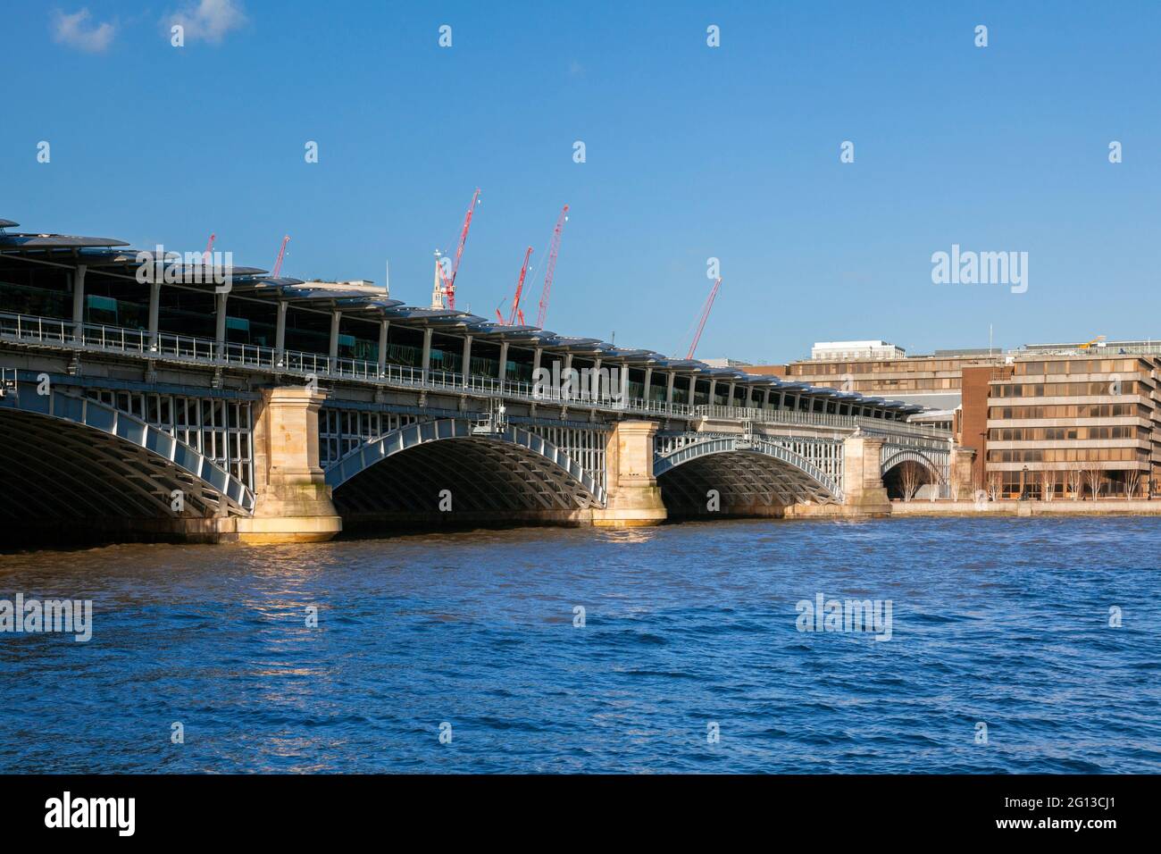 UK, England, London, Blackfriars Railway Station supported above the River Thames. Stock Photo