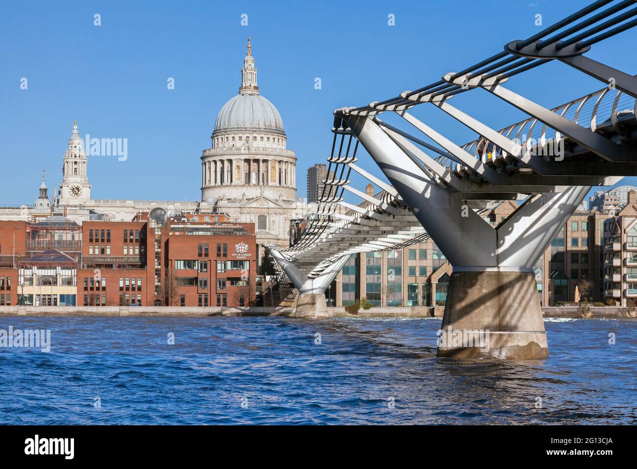UK, England, London, Bankside, The London Millennium Footbridge with St Paul's Cathedral. Stock Photo