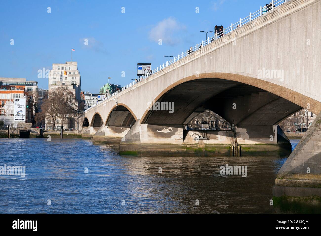 UK, England, London, River Thames with Waterloo Bridge from South Bank looking towards Savoy Place. Stock Photo