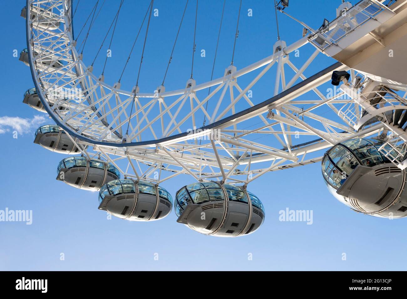 UK, England, London, The London Eye (Millennium Wheel) showing detail of Passenger Capsules. Stock Photo