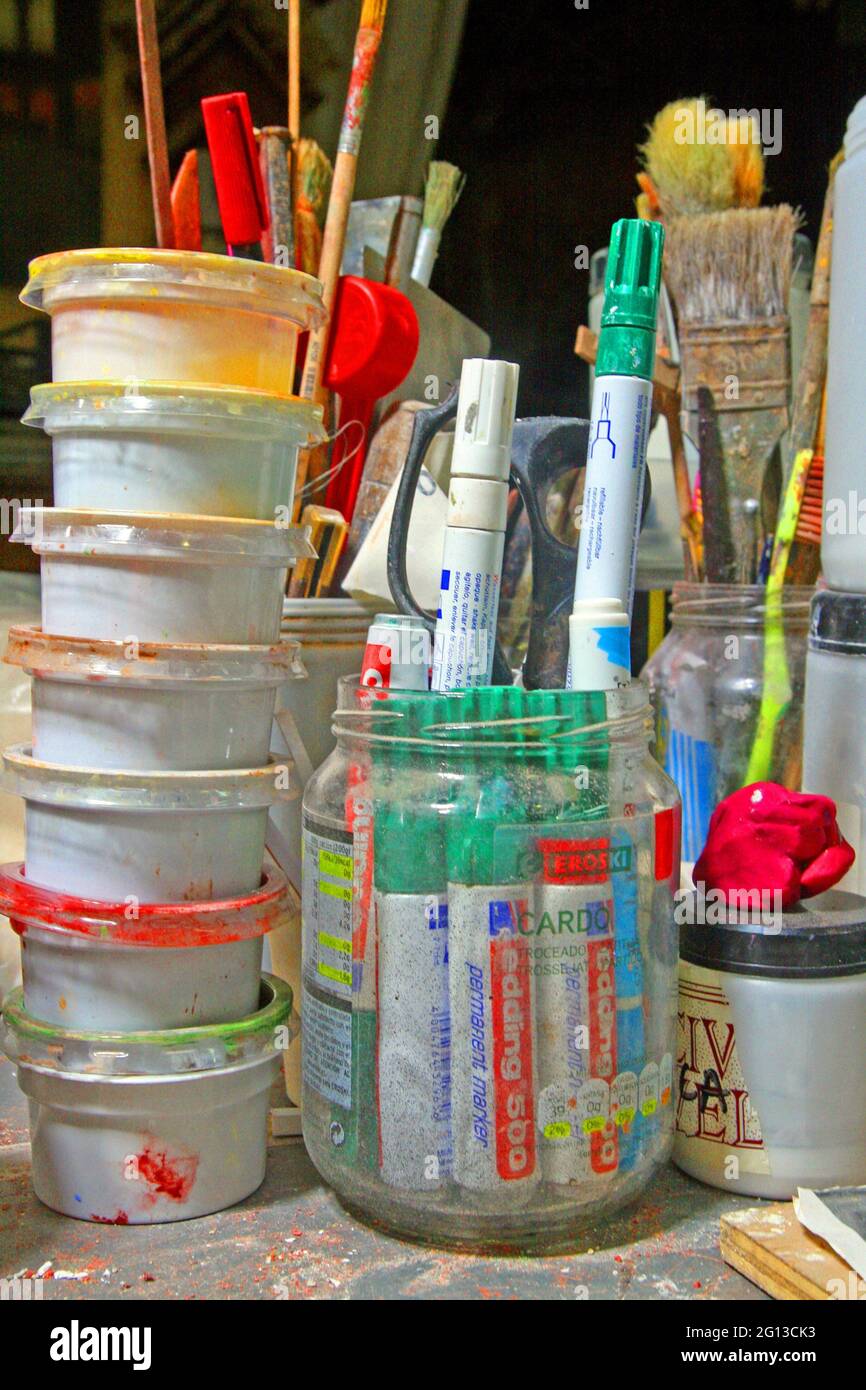 jars, brushes and markers from the restoration Stock Photo Alamy