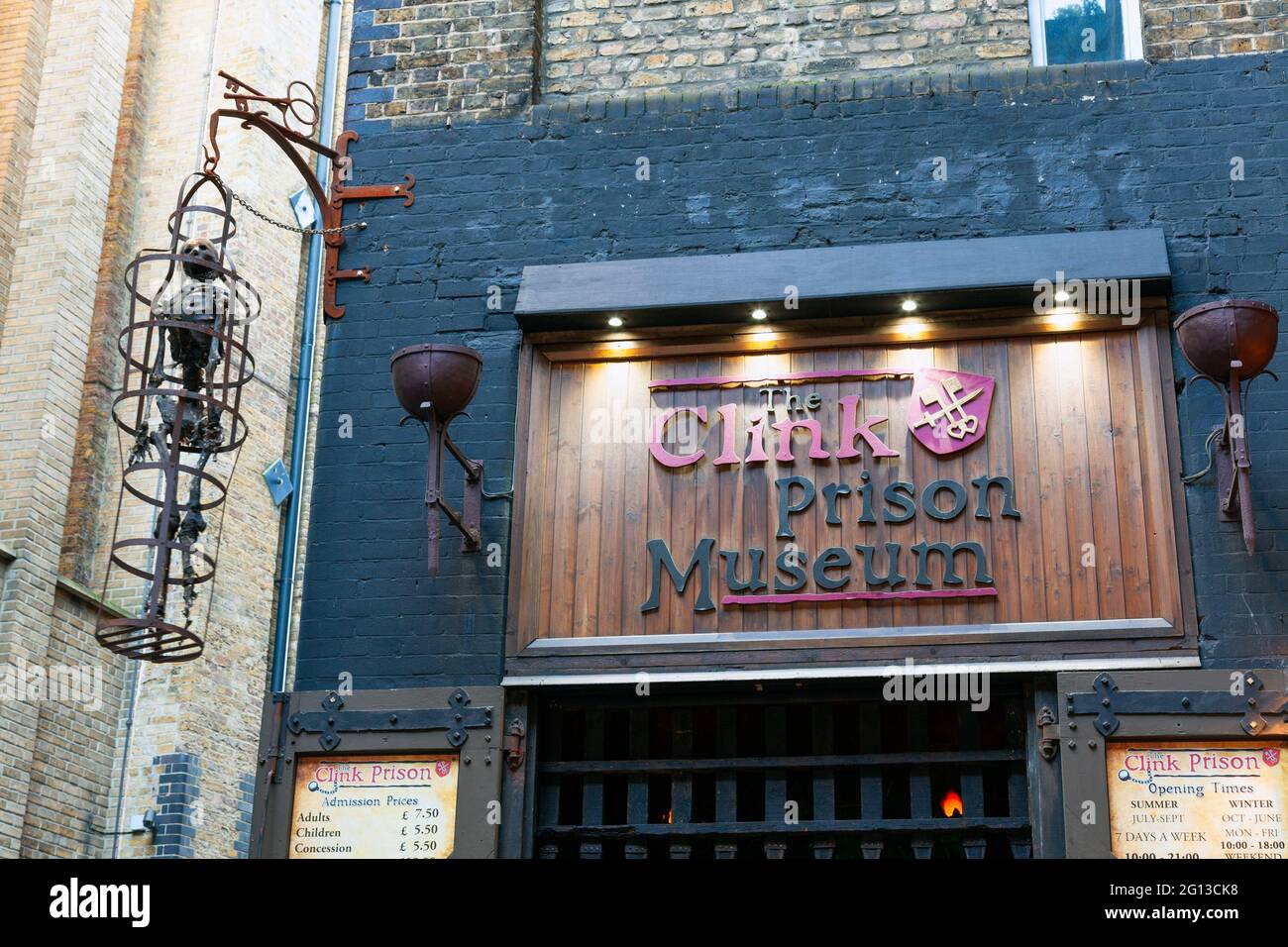 UK, England, London, Southwark, Entrance to 'The Clink' Prison Museum (Sign detail). Stock Photo