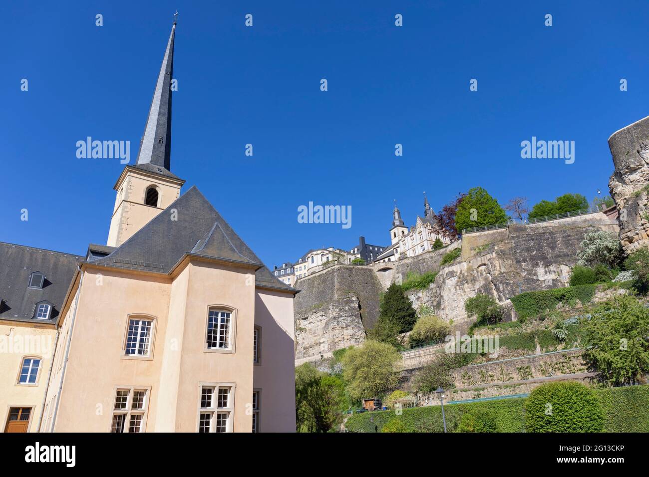 Europe, Luxembourg, Luxembourg City, Church of Saint John in Grund and the Neimënster Cultural Centre. Stock Photo