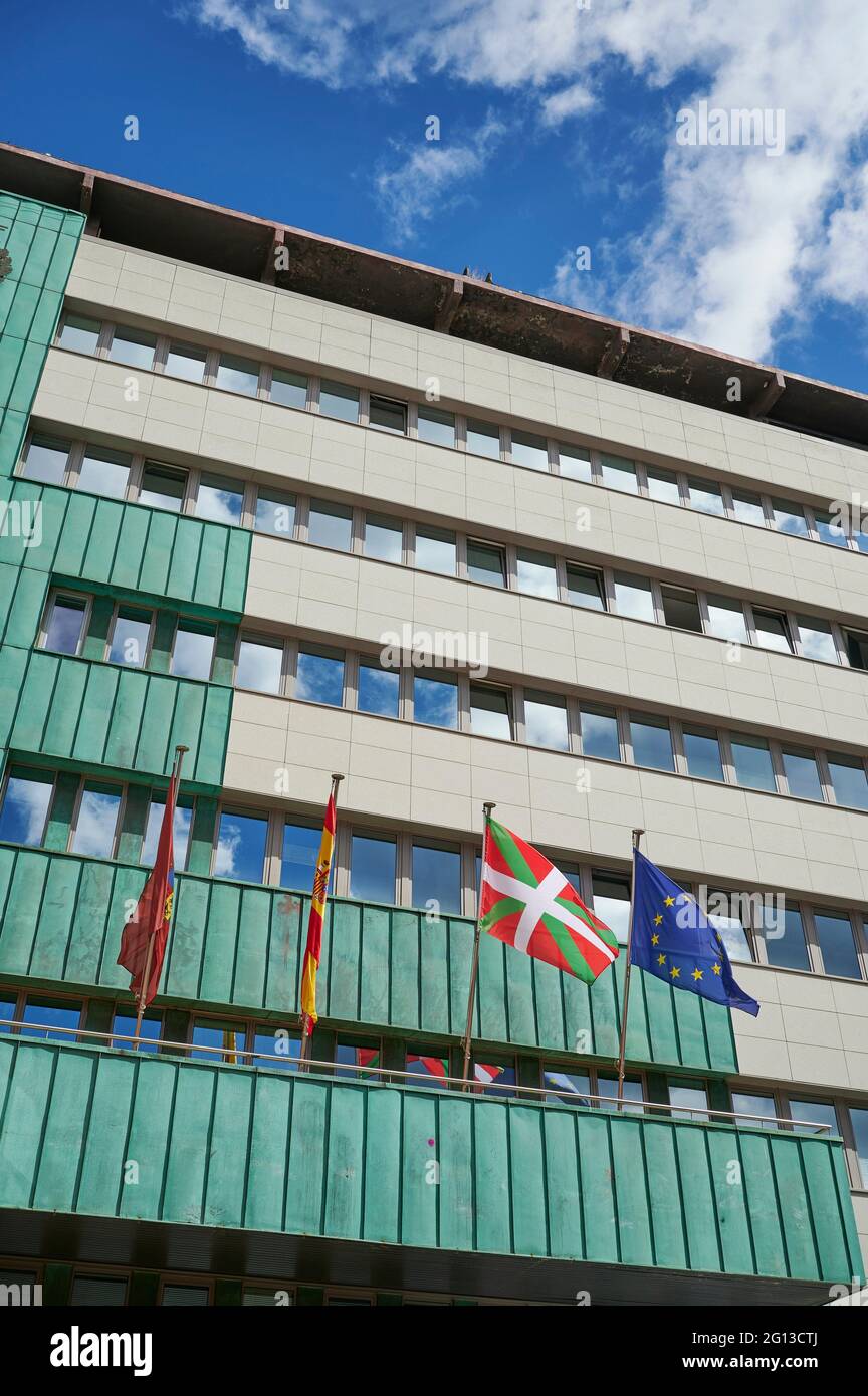 The Basque Country Ikurrina, Spanish and European flags. Stock Photo