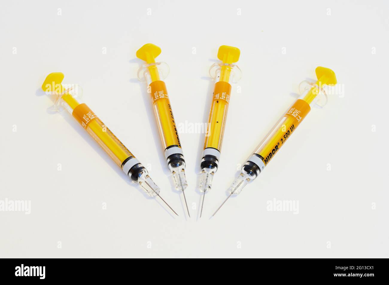 Hypodermic syringe  -  Prefabricated injection  -  For the prevention against Thrombose  -  blood plug formation  -  for the subcutaneous injection Stock Photo