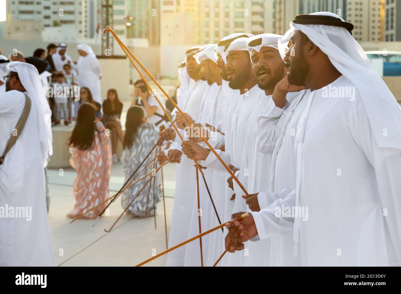 ABU DHABI, UAE - DECEMBER 14, 2019: Traditional Emirati male Al Ayalah dance at Al Hosn Festival Stock Photo