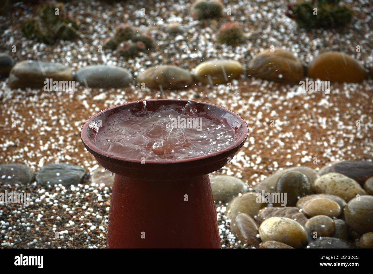 A hail storm strikes a backyard bird bath in Santa Fe, New Mexico Stock