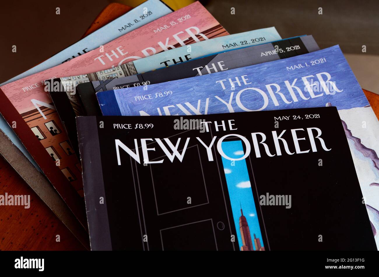 Copies of the weekly magazine The New Yorker published by Conde Nast