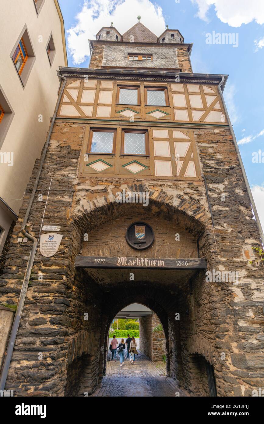 Marktturm or Market Tower is part of the town wall of old  Bacharach, Upper Middle Rhine Valley, UNESCO World Heritage, Rhineland-Palatinate, Germany Stock Photo