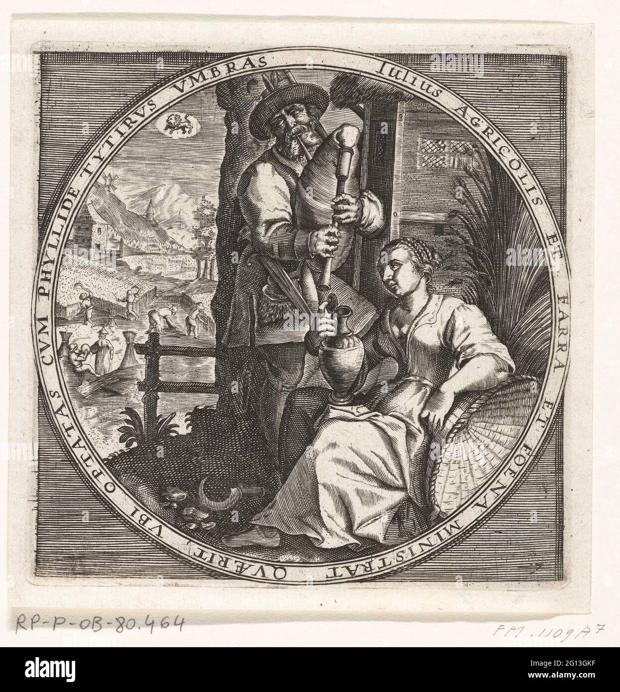 July, bagpipe player and woman with jar, ca. 1600; The twelve months of ...