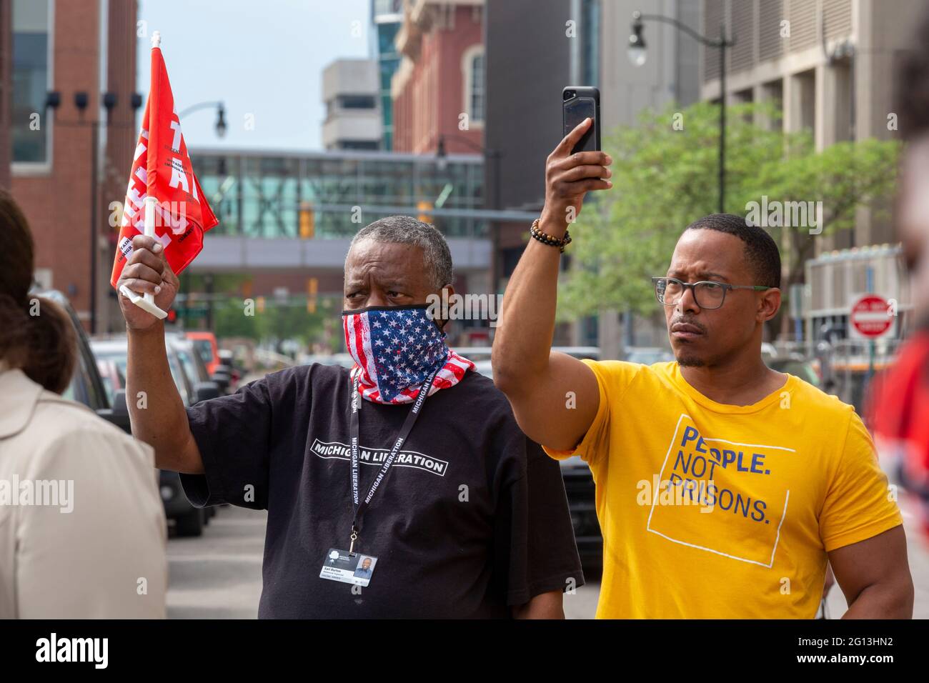 Detroit, Michigan, USA. 4th June, 2021. Family and friends of prisoners they say were wrongfully convicted rally outside the criminal courts building, the Frank Murphy Hall of Justice. Credit: Jim West/Alamy Live News Stock Photo