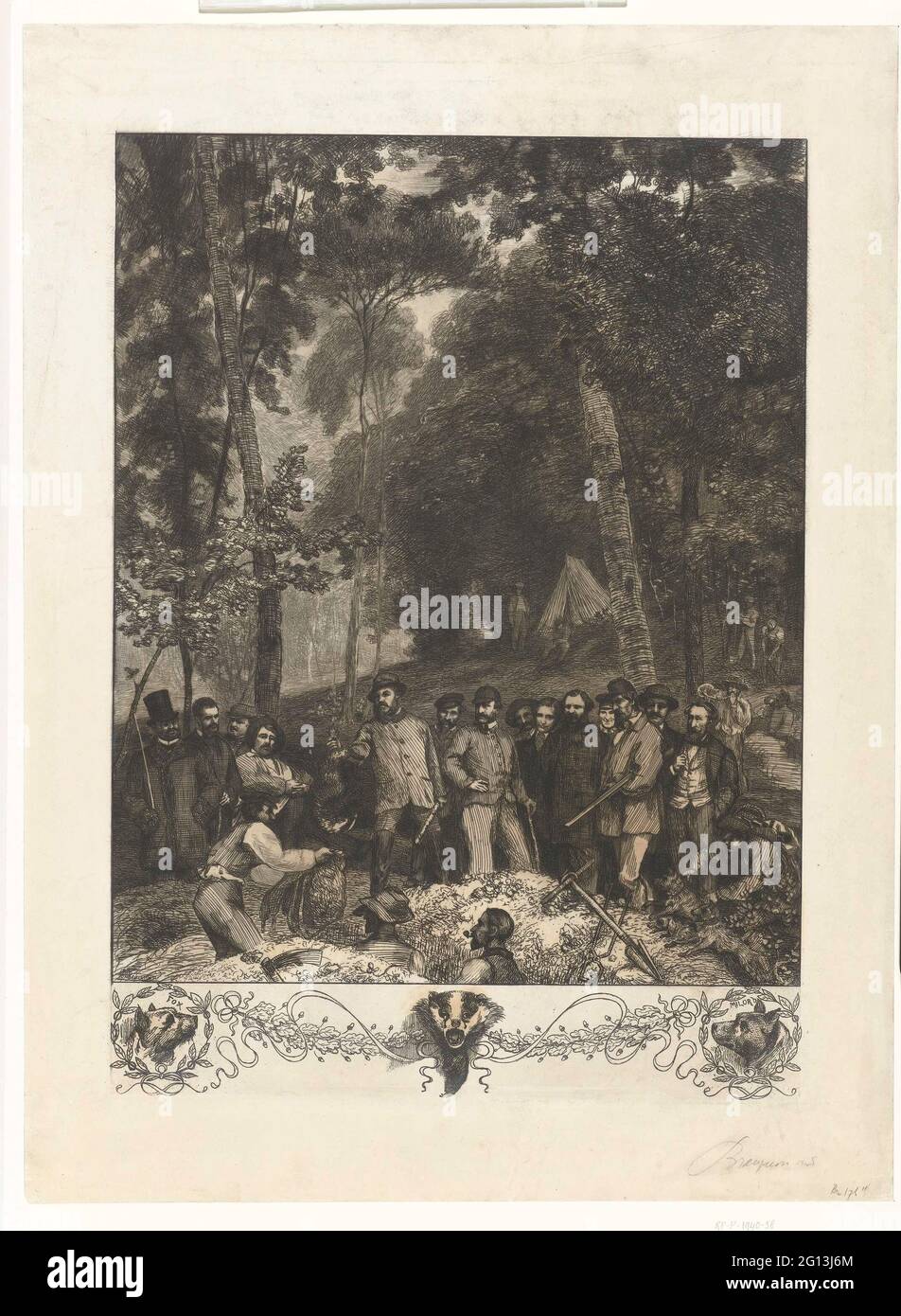 Forest Landscape With Hunters At Driving Yacht On Ties Un Deterrage De Blaireau A Hunter Stands With A Dead Tie At A Badger Castle In The Forest The Loot Is Stopped In