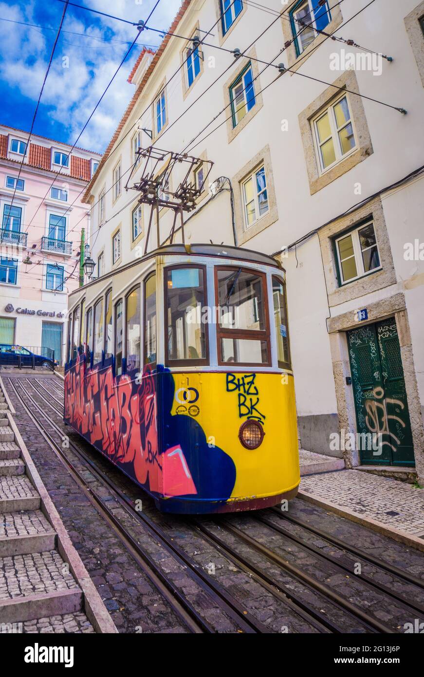 LISBON, PORTUGAL - MARCH 25, 2017: Bica Funicular or Elevador da Bica funicular railway line in Lisbon, Portugal Stock Photo
