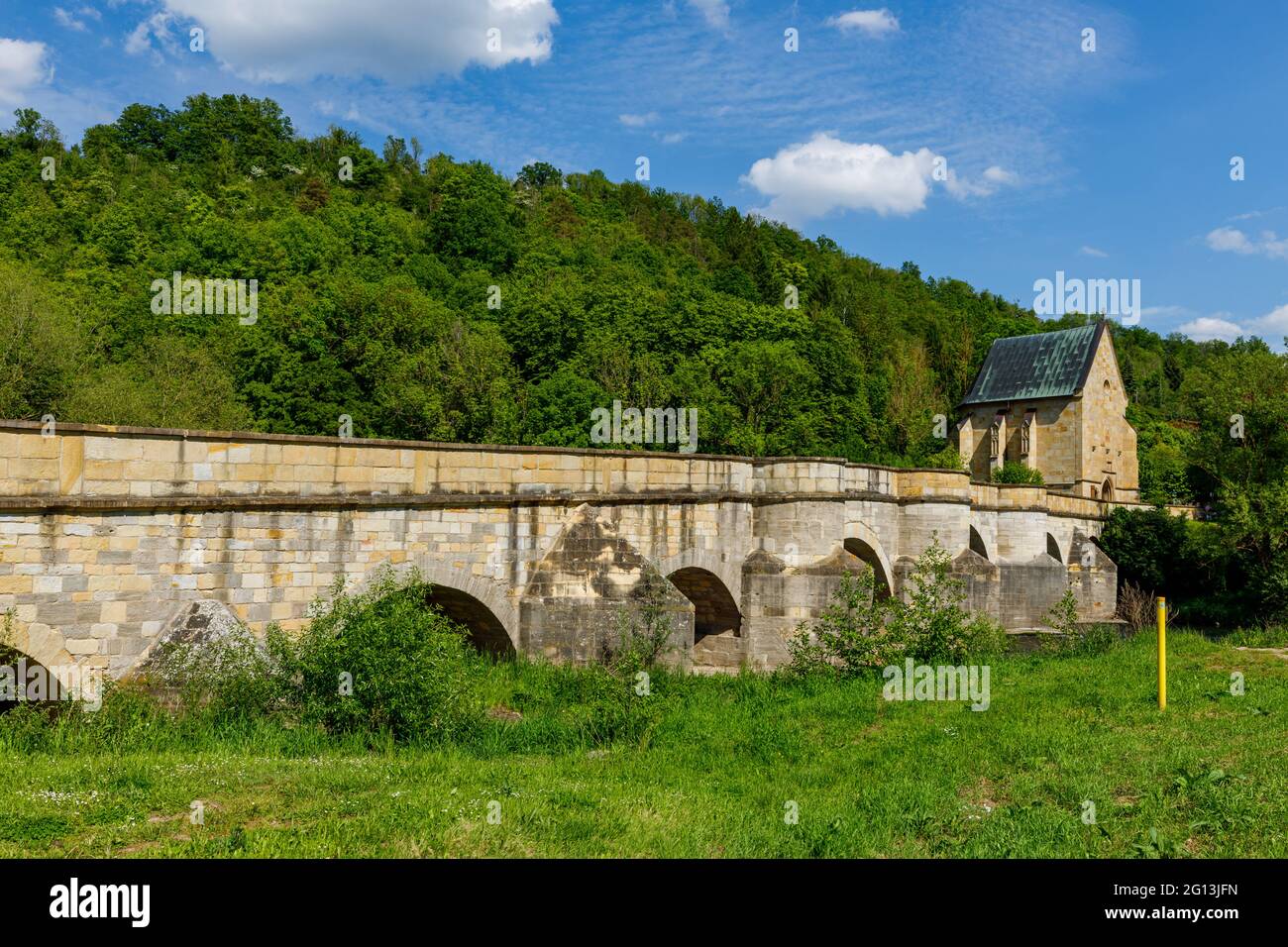 The historic bridge over the Werra River at Creuzburg in the Werra ...