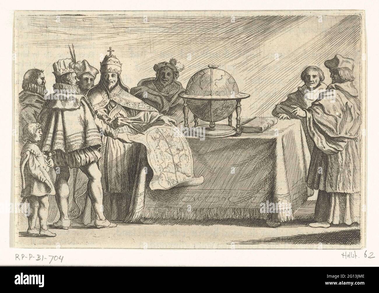 Columbus at the pope. Christoffel Columbus and the pope consult to map of the world, at a table on which a globe. Other scholars are also present, approx. 1500 printed on the back with text in Dutch. Stock Photo
