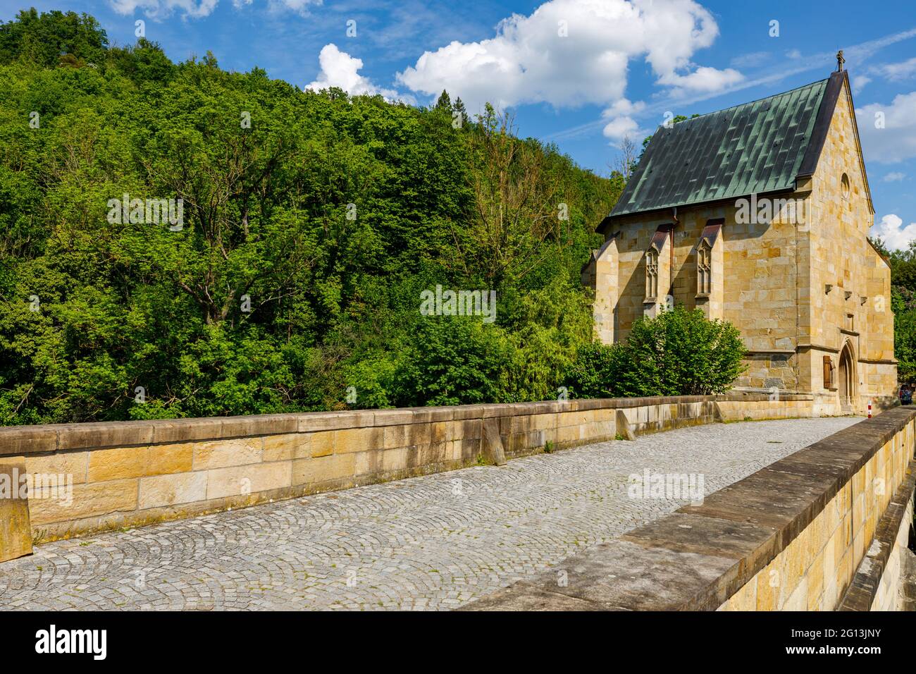 The historic bridge over the Werra River at Creuzburg in the Werra ...