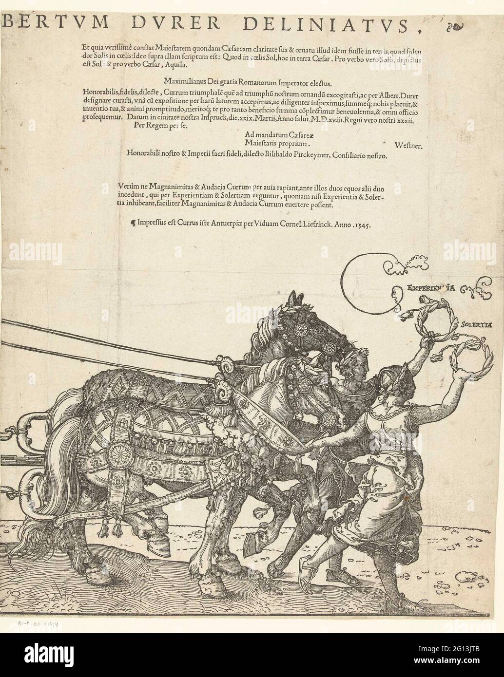 Triumphar from Emperor Maximilian I (eighth magazine), 1519; Copies to Dürers Triomfvag for Emperor Maximiliaan I, published in Antwerp in 1545 by the widow of Cornelis Liefrinck; Triumphalis His Currus Ad Honorem Invictiss. AC Gloriosiss. Principis D. Maximiliani Caesis Semper Augusti (...) per Albertum Durer Delineatus. The large triomfvag in honor of Emperor Maximiliaan I at his death on January 12, 1519. Eighth magazine with the sixth span horses with experientia and Soprano. Copy to the original of Albrecht Dürer from 1522. Stock Photo