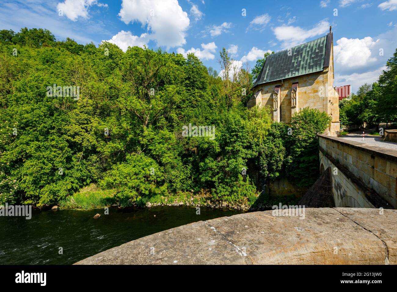 The historic bridge over the Werra River at Creuzburg in the Werra ...