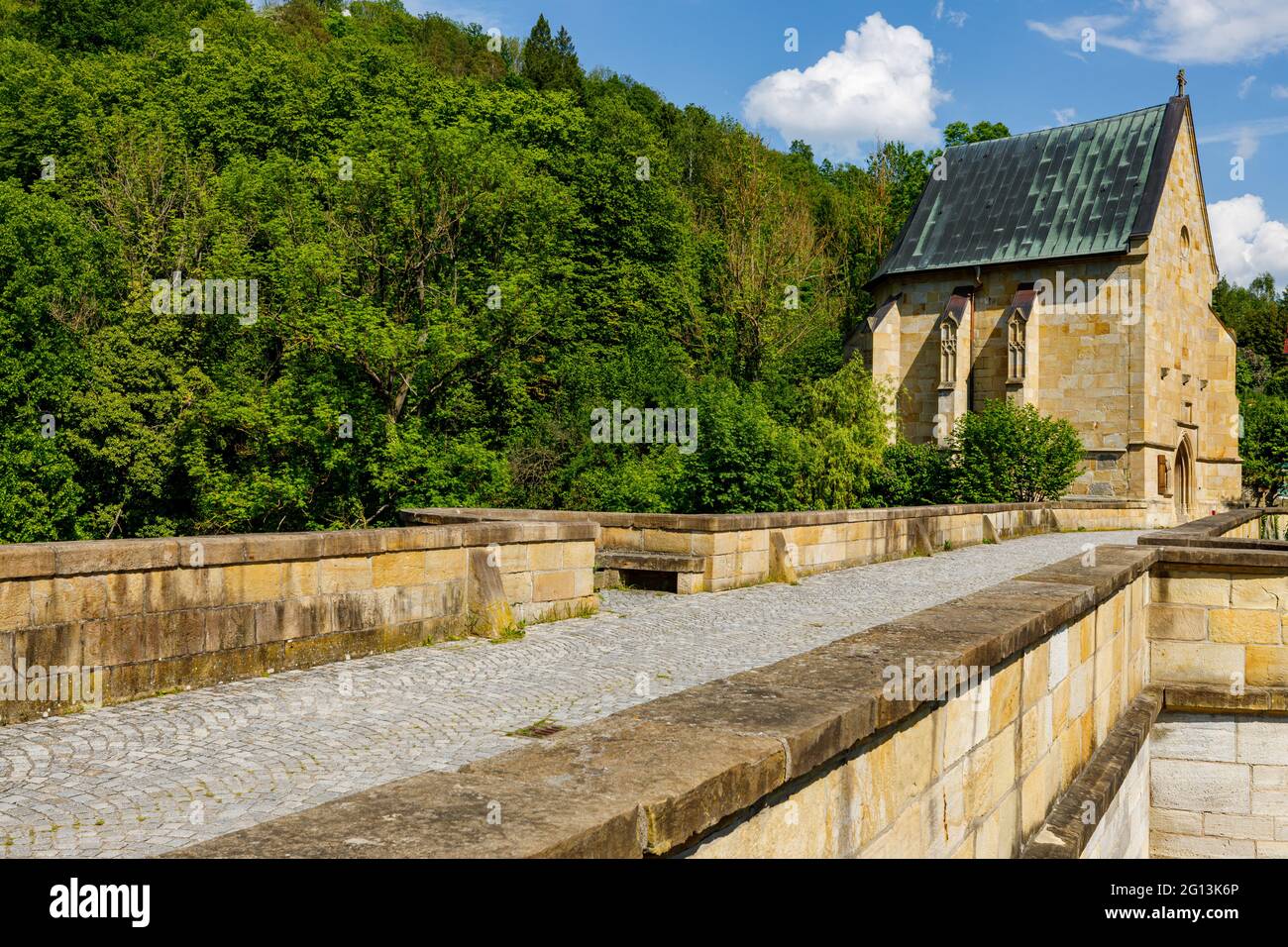 The historic bridge over the Werra River at Creuzburg in the Werra Valley in Thuringia Stock Photo