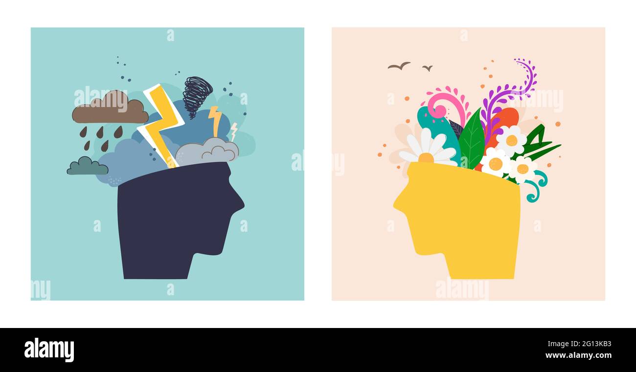 Two human heads expressing mental and psychological health. In one there is bad weather, clouds, lightning. In another, flower and plant. Before and Stock Vector