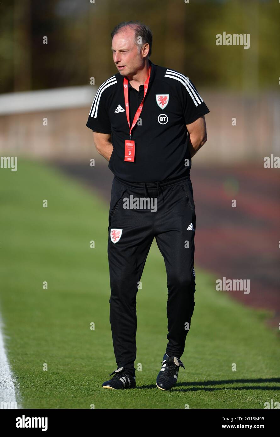 Wales U21 manager Paul Boden before the UEFA Euro Under 21 Group E Qualifying match at Stebonheath Park, Llanelli. Picture date: Friday June 4, 2021. Stock Photo