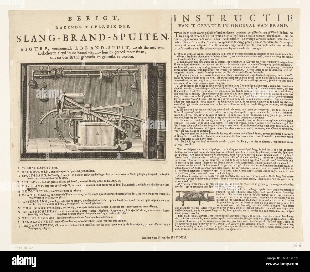 Instruction on the use of the hose fire sprayers, approx. 1720; BERT, touching the use of hose fire spuytes. Leaf with an instruction on correct use and storage of the hose fire sprayers, approx. 1720. On the left a show how the hose fire and pump must be stored in the fire spray house after use, with the legend A-Q. On the right a text sheet with the instruction for use in the event of a fire in 8 points and a picture of how a leakage must be repaired in a hose. Belongs to the top prayer at the fire eating book by Jan van der Heyden. Stock Photo