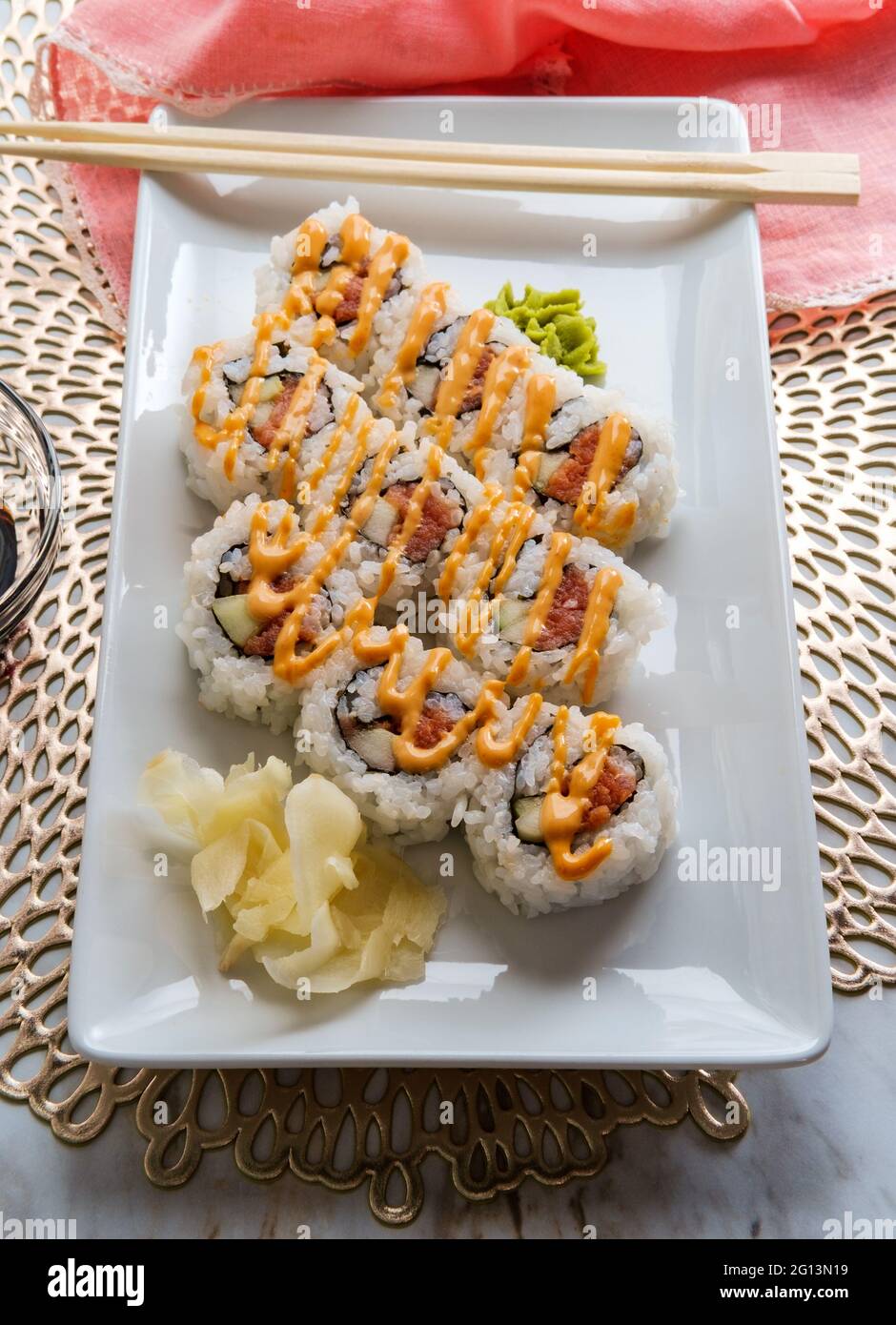 Japanese salmon sushi with spicy sriracha kewpie mayonnaise Stock Photo