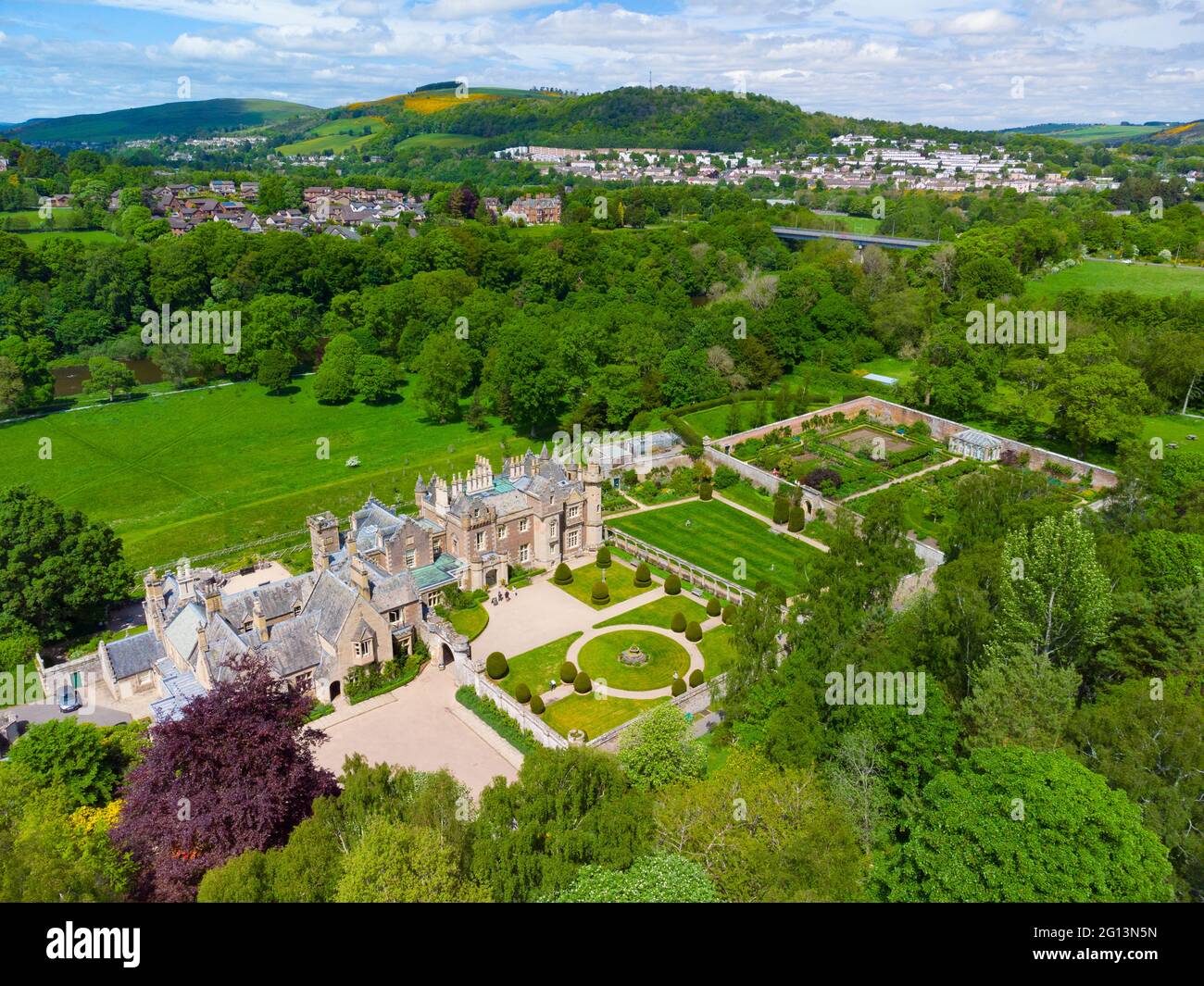 Aerial view from drone of Abbotsford House and gardens in Melrose