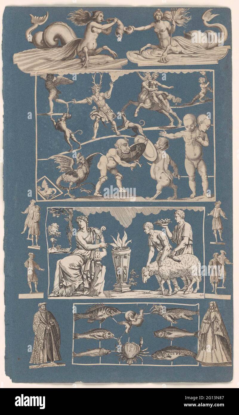 Collage of expressed prints stuck on blue paper album leaf; Miracles of  nature. Blue album leaf covered with cut out prints of various print makers  with mythological creatures, fabached animals, real animals