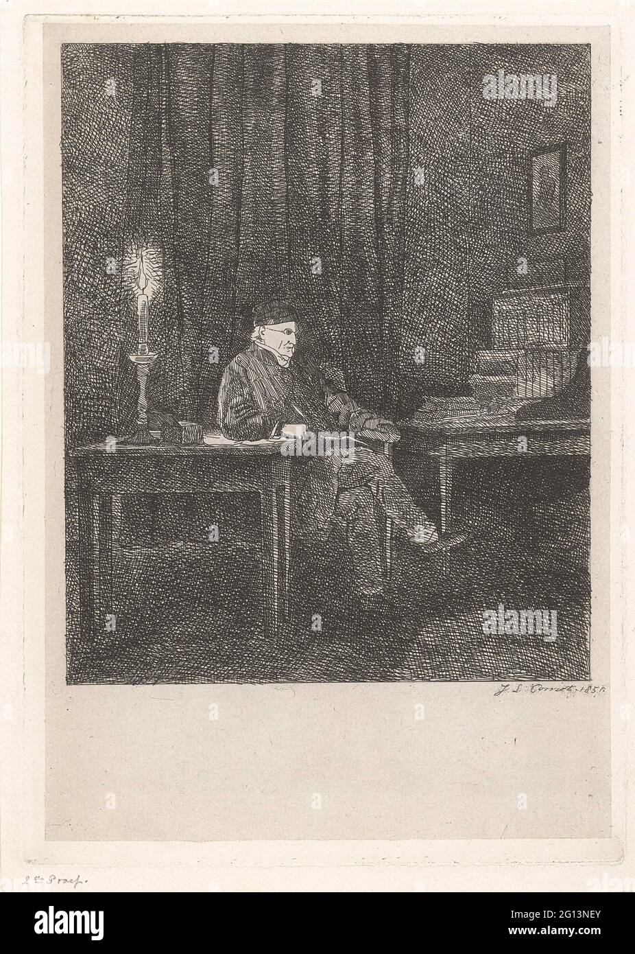 Portrait of humbert de superville. Portrait of David Pierre Giottino Humbert de Superville, an artist and art collector. Humbert de Superville is sitting at his desk. The room is only lit by a candle. Stock Photo
