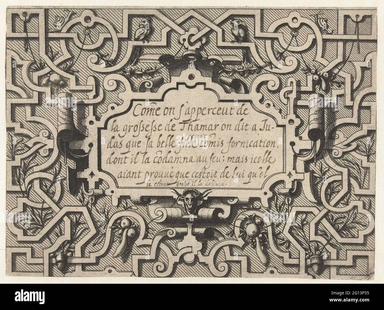 Cartouche surrounded by Moresken, two birds and two snails at the top; Cartouches in a picture frame of roller and fitting work with grotesken, moresken, garlands, mascarons and trophies. In the cartouche, a text written with pen (Come on s'Papperceut de / la grossesse de Thamar ...). Leaf A from series of 16 sheets, literate A-Q. Shaded or dotted background. Stock Photo