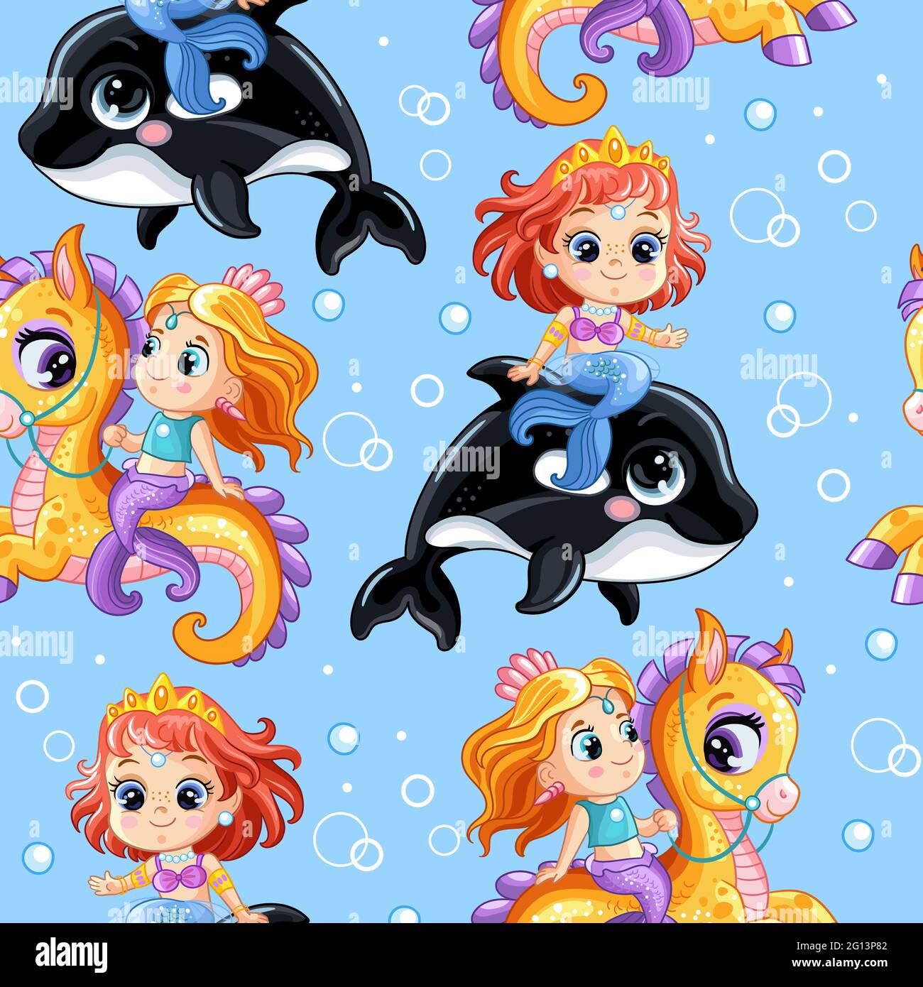 Seamless vector pattern with cute cartoon mermaids riding on an orca and seahorse. Colorful illustration vector blue background.Sea holidays children Stock Vector