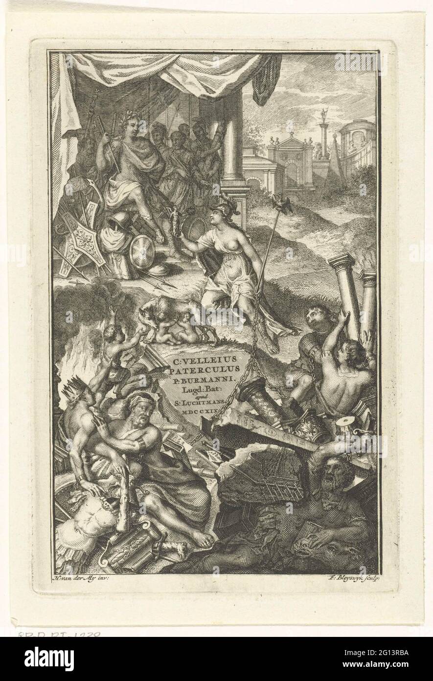 Marcus Velleius Paterculus is offered as Roman weapent trophies; Title page for: Pieter Burman, Gaius Velleius Paterculus, Leiden 1719; C. Velleius Paterculus. Marcus Velleius Paterculus is offered as Roman weapent trophies and a statue of Victoria. Between remains of destroyed buildings are captured opponents. Remus and Romulus feed with the wolvin milk. Stock Photo