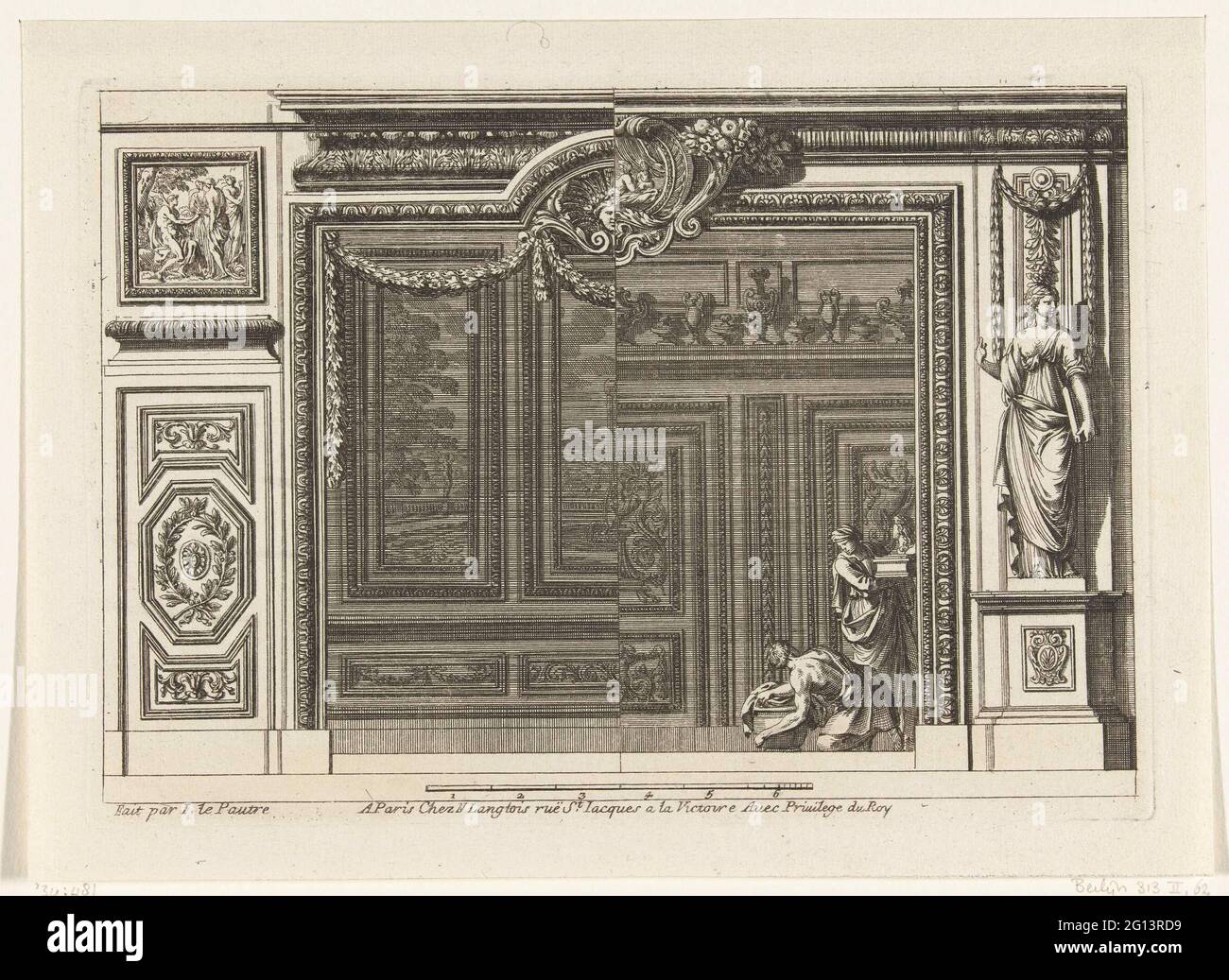 Alcove with variant for right half; Alcofen à la Francoise. Alcove with a  door with DESSUS DE-PORTE with figures. The right side is a variant with a  picture of a woman on