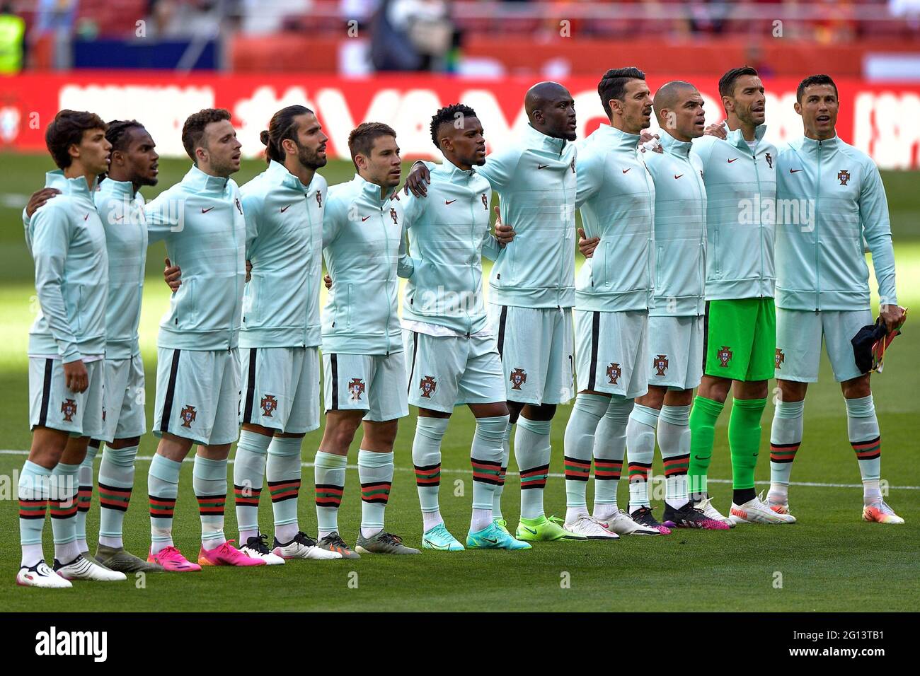 Madrid, Spain. 04th June, 2021. Rui Patricio of Portugal, Nelson Semedo of Portugal, Pepe of Portugal, Raphael Guerreiro of Portugal, Jose Fonte of Portugal, Cristiano Ronaldo of Portugal, Danilo of Portugal, Renato Sanches of Portugal, Diogo Jota of Portugal, Joao Felix of Portugal and Sergio Oliveira of Portugal during the International Friendly match between Spain and Portugal at Wanda Metropolitano on June 4, 2021 in Madrid, Spain (Photo by Pablo Morano/Orange Pictures) Credit: Orange Pics BV/Alamy Live News Stock Photo