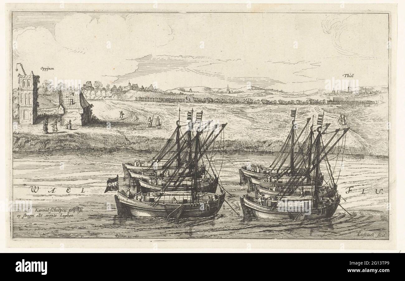 Ships traveling from Leiden to Grave, 1622; Journey of the Leiden Schutterij to Grave, 1622. The eight ships in which the militia schedule made the trip to Grave lyrics for anchor in the Waal, 26 September 1622. Part of a series of 3 prints of the Schutterij journey of Leiden to Grave to keep the city occupied so that Maurits can pull up to Bergen on Zoom. Without the verses under the plate. Stock Photo