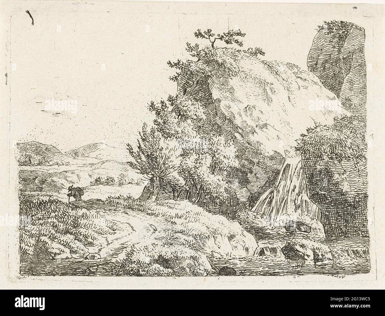 Mountain landscape with waterfall and hiker Stock Photo - Alamy