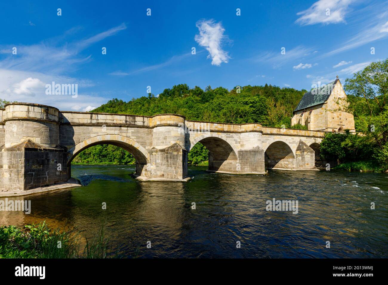 The historic bridge over the Werra River at Creuzburg in the Werra ...
