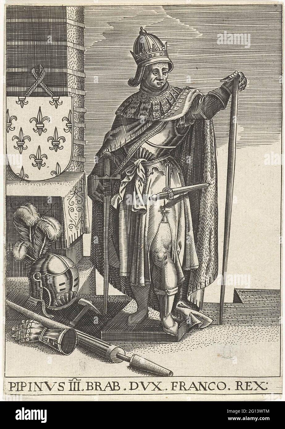 Portrait of Pepijn de Korte; Pipinvs III brab. DVX Franco Rex. Portrait of  Pepijn III, nicknamed Pepijn the short. Hofmeier and King of the Francs.  Standing, for full armor. Lotharius has a