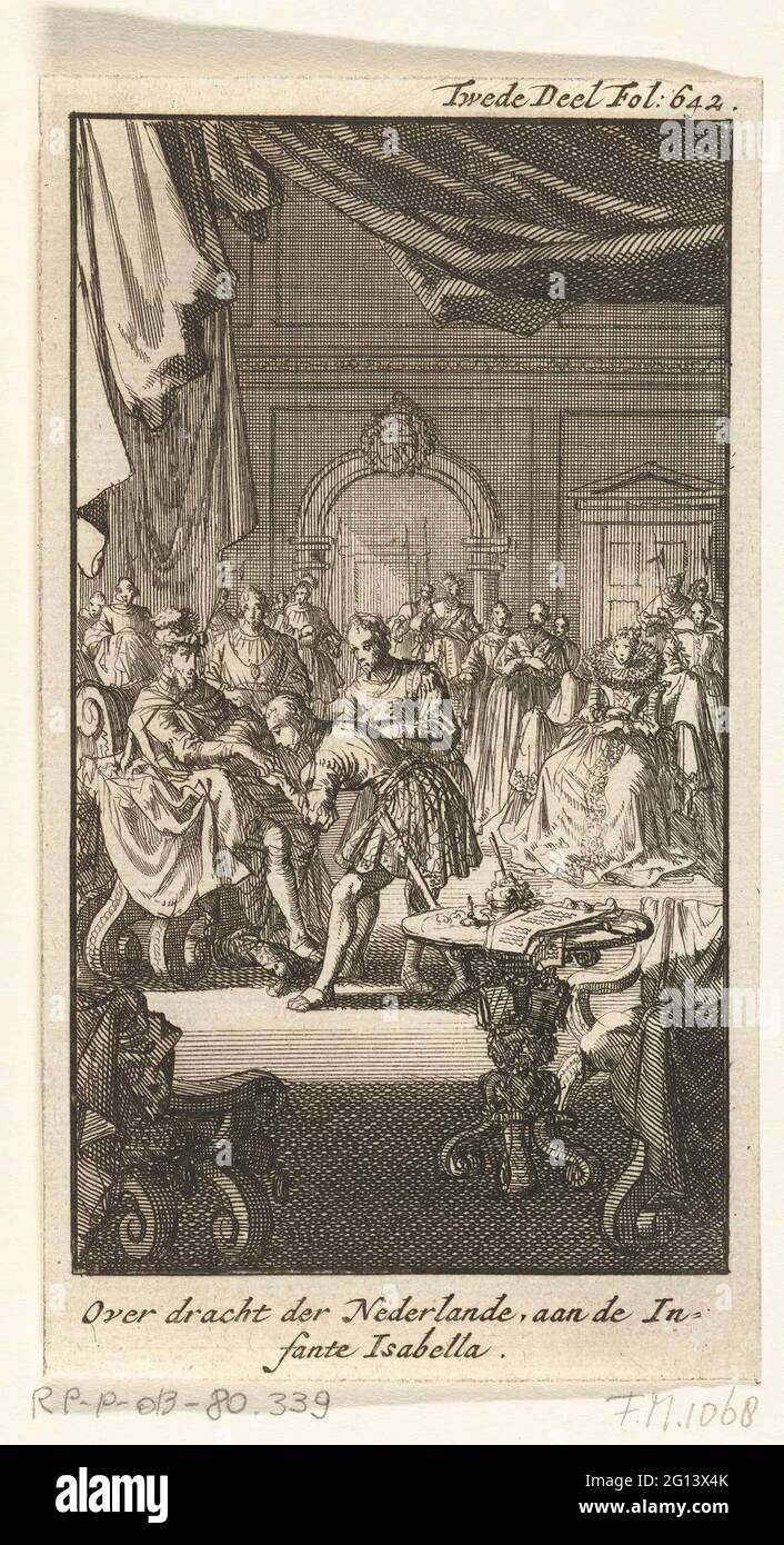 Transfer of Spanish Netherlands by Philip II to Isabella Clara Eugenia, Infante of Spain, 1597; About Gracht der Nederlande, at the Infante Isabella. Transfer of the Spanish Netherlands by Philip II to Isabella Clara Eugenia, Infante of Spain, 10 September 1597. Interior with Isabella Clara Eugenia, Infante of Spain and Philip II on its throne, a man bends in front of him and kisses his hand. Stock Photo