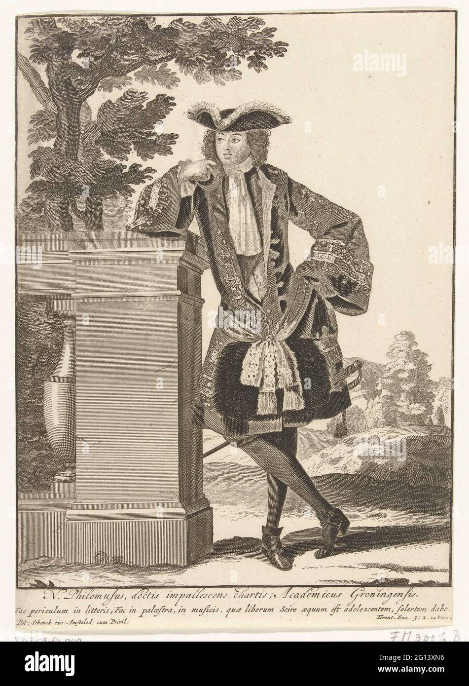 Groninger student, ca. 1700; N. Philomusus, Doctis Impallescens Charitis, Academician Groningenis. Student from the University of Groningen, standing for feet, leaned against a balustrade. He is dressed according to the French fashion of his time. Stock Photo